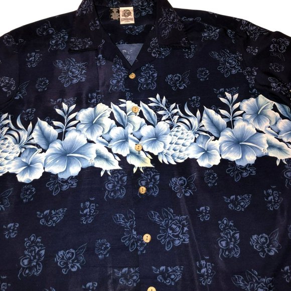 HAWAIIAN SHIRT SZ XL BLUE KENNINGTON HAIBISCUS PINAPPLES BEACH OUTDOORS MENS - Picture 2 of 4